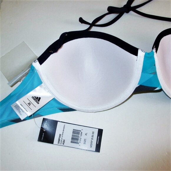 XL/XL Adidas Swim Bandeau Top Bikini Set Hipster Bottom Blue Logo Overlay Stripe - Picture 10 of 11